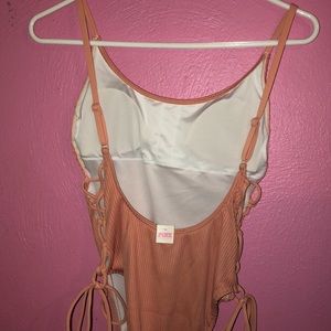 Pink Ribbed Lace Up One Piece